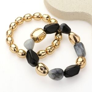 Black Gold Variety Beaded 2 Piece Mixed Pebble Stone Layered Stretch Bracelets